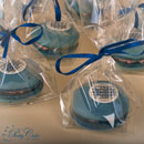 blue macarons with logo